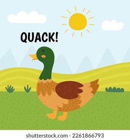 Duck saying quack print. Cute farm character on a green pasture making a sound. Funny card with animal in cartoon style for kids. Vector illustration