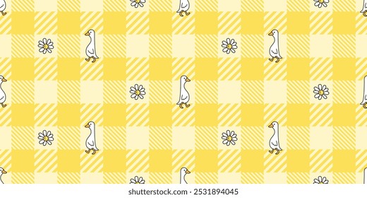 duck seamless pattern walking flower daisy rubber duck chicken bird vector tartan plaid pet doodle cartoon animal farm tile wallpaper wrapping paper repeat background illustration scarf isolated desig