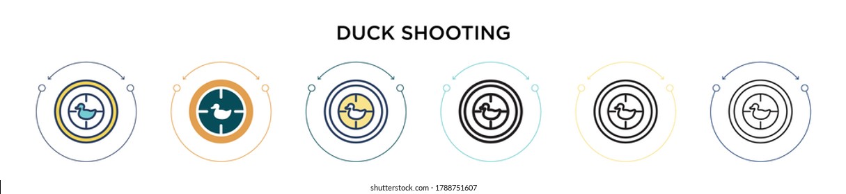 Duck shooting icon in filled, thin line, outline and stroke style. Vector illustration of two colored and black duck shooting vector icons designs can be used for mobile, ui, web