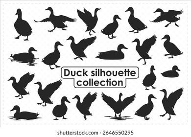 Duck silhouette collection of flying, swimming, standing, walking etc. ducks in flat black farm bird silhouettes.