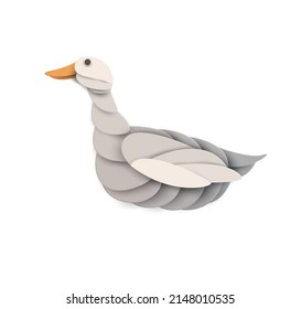 Duck silhouette isolated on white background. Abstract farm animal. Creative 3d concept in cartoon craft paper cut style. Colorful minimal design character. Modern geometric vector illustration.