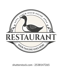 Ilustración de diseño de logotipo de silueta de pato en estilo Antiguas. Adecuado para restaurantes, cafeterías o negocios culinarios que se centran en platos de aves de corral.