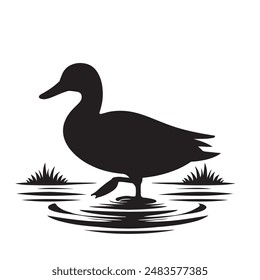 Pato silueta Vector.lindo pato de dibujos animados flotando en el agua icono silueta página negra para los niños. Ilustración vectorial de pato flotando en el agua icono silueta de la página negra aislado en blanco.