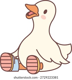 Pato senta-se com bico aberto e botas pequenas, contornos arredondados e sombreamento suave. Símbolo de inocência, infância, conforto e humor aconchegante para conteúdo infantil. Ilustração de vetor de desenhos animados.