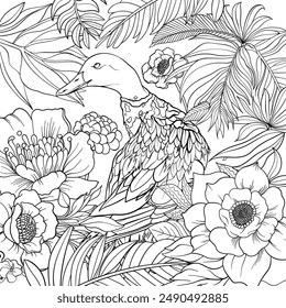 Duck sitting amongst a pretty floral display of flowers and plants, colouring book page design, vector outline.