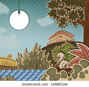 Duck sitting on eggs. Illustration to fairy tale Ugly Duckling (Hans Christian Andersen).
