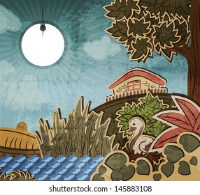 Duck sitting on eggs. Illustration to fairy tale Ugly Duckling (Hans Christian Andersen).