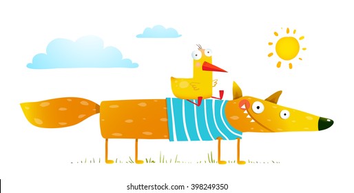 Duck sitting on fox friends. Bird and wild fox friendship. Animal character, creature mammal in nature, vector illustration