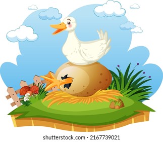 Un pato sentado en una sombría ilustración de un huevo grande
