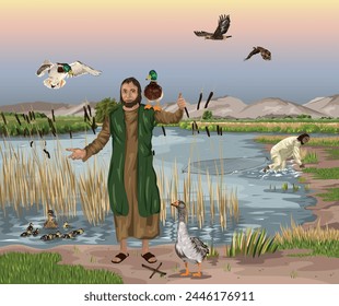 Duck sitting on shoulder of friendly man with open arms, while fowler climbs out of water.  Christian allegory image for Psalm 91:14-16 