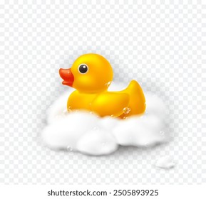 Duck with soap foam isolated on transparent background. Yellow bath baby rubber toy and white soappy bubbles. Vector 3d bathtub kid game element template