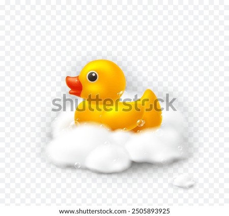 Duck with soap foam isolated on transparent background. Yellow bath baby rubber toy and white soappy bubbles. Vector 3d bathtub kid game element template