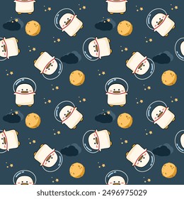 Duck in the space cartoon so cute. On moon cloud star background. Pattern seamless vector illustration. 