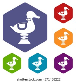 Duck spring see saw icons set rhombus in different colors isolated on white background