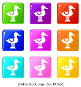 Duck spring see saw icons of 9 color set isolated vector illustration