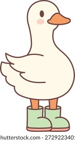 Pato de pie en botas con contorno redondo y sombreado suave, vista lateral y contorno limpio. Símbolo de la comodidad, la moda de los niños, y la diversión del día lluvioso. Ilustración vectorial de dibujos animados.