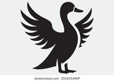 A duck standing upright with its wings spread open.