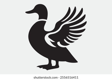 A duck standing upright with its wings spread open.