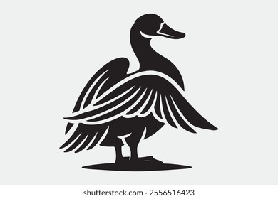 A duck standing upright with its wings spread open.