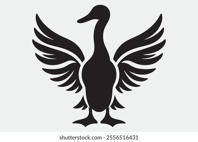 A duck standing upright with its wings spread open.