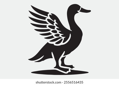 A duck standing upright with its wings spread open.