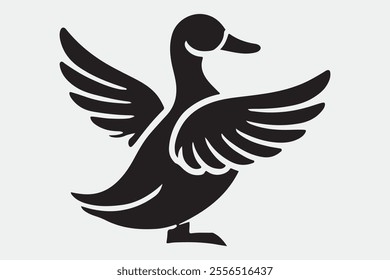 A duck standing upright with its wings spread open.