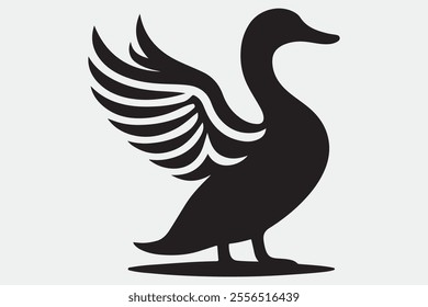 A duck standing upright with its wings spread open.