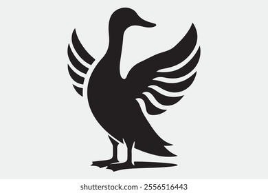 A duck standing upright with its wings spread open.