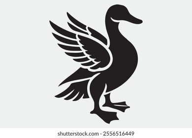 A duck standing upright with its wings spread open.