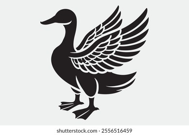 A duck standing upright with its wings spread open.