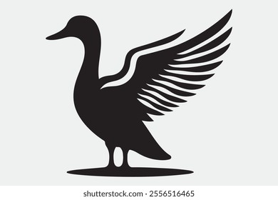 A duck standing upright with its wings spread open.