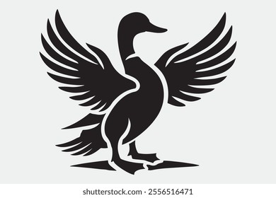 A duck standing upright with its wings spread open.