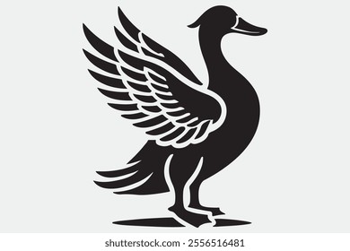 A duck standing upright with its wings spread open.