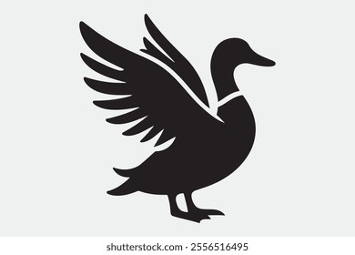 A duck standing upright with its wings spread open.