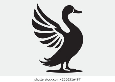 A duck standing upright with its wings spread open.