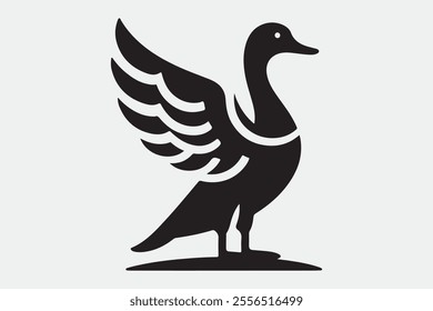 A duck standing upright with its wings spread open.