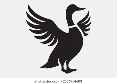 A duck standing upright with its wings spread open.