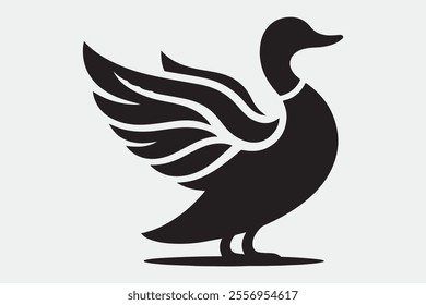 A duck standing upright with its wings spread open.