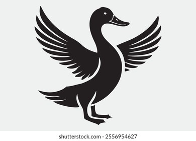 A duck standing upright with its wings spread open.