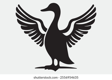 A duck standing upright with its wings spread open.