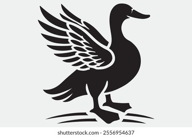 A duck standing upright with its wings spread open.