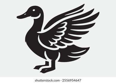 A duck standing upright with its wings spread open.