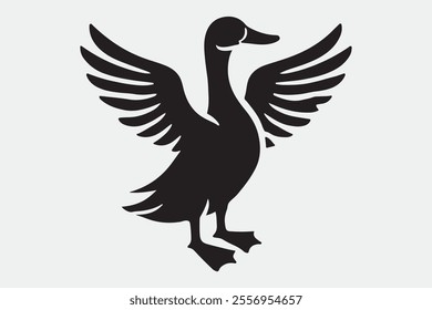 A duck standing upright with its wings spread open.