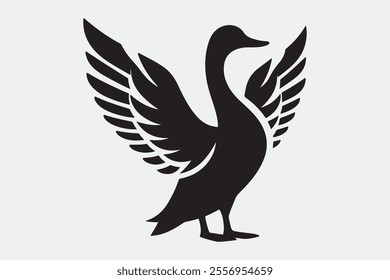 A duck standing upright with its wings spread open.