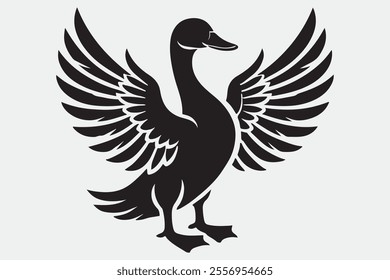 A duck standing upright with its wings spread open.