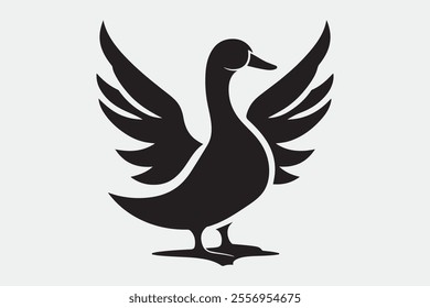 A duck standing upright with its wings spread open.