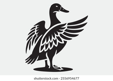 A duck standing upright with its wings spread open.