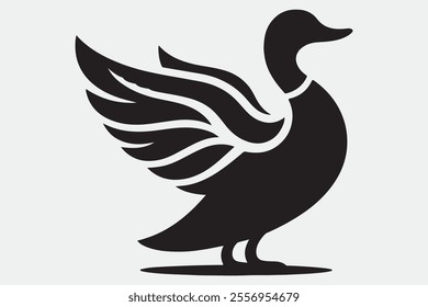 A duck standing upright with its wings spread open.