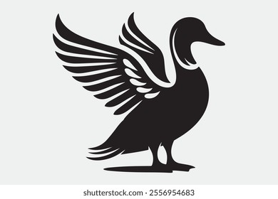 A duck standing upright with its wings spread open.