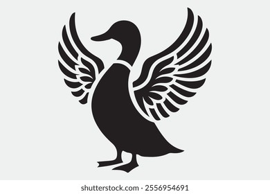 A duck standing upright with its wings spread open.